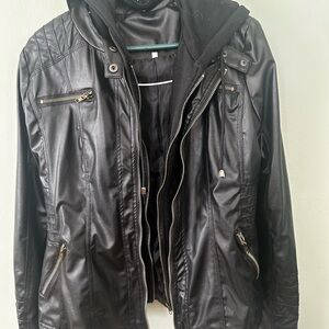 Black Faux Leather Jacket with removable hood